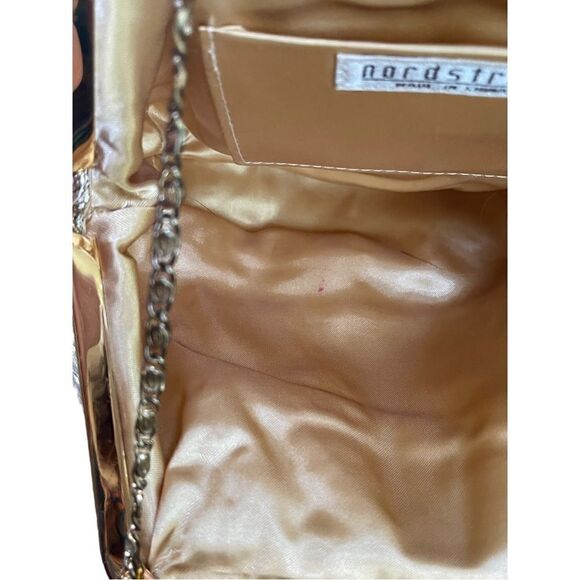 Pre-loved pleated fabric gold tone framed clutch with chain cross body strap. - Picture 5 of 10